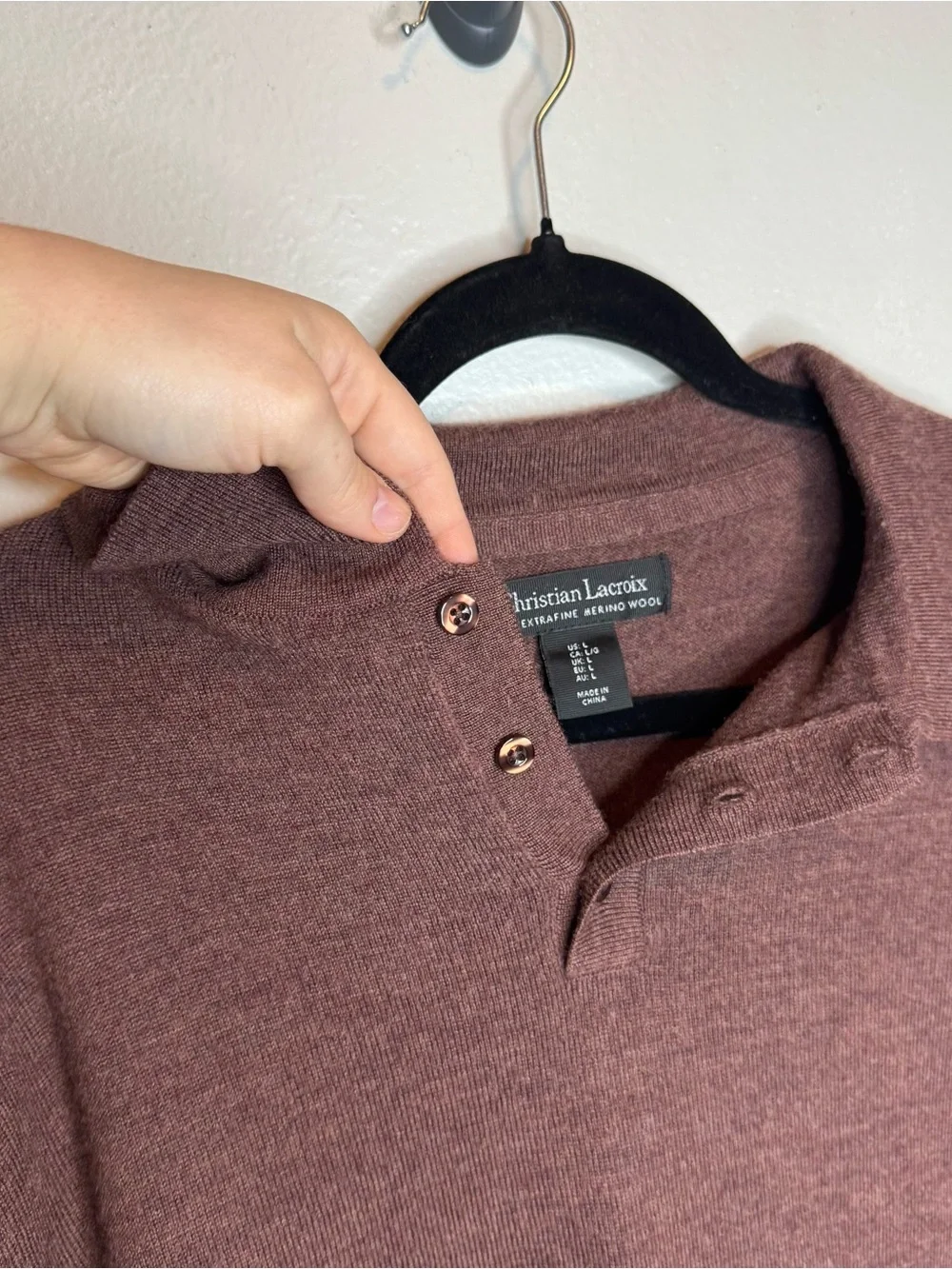 Christian Lacroix Extra Fine Merino Wool Collared Long Sleeve Sweater Burgundy L